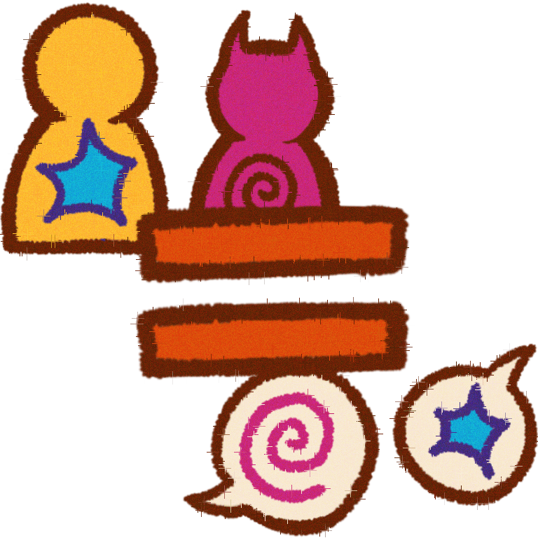    2 people , 1 is a yellow person with a blue star in their chest & next to them there is a purple demon person with a spiral on their chest .  In the middle there is an equal sign & under it there are 2 speech bubbles with a purple spiral & a blue star , resembling different opinions .